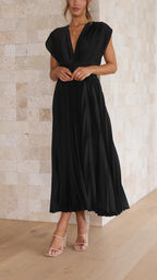Dames Geplooide Maxi Jurk met V Hals en Tailleband