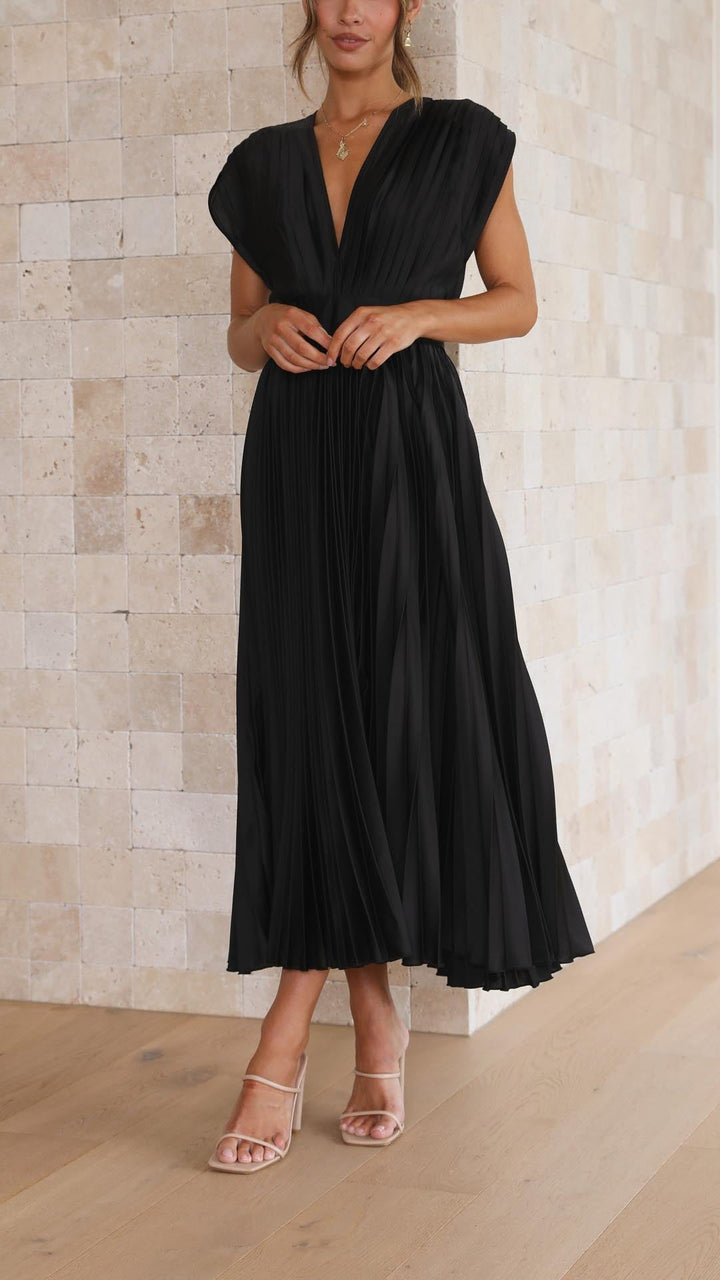 Dames Geplooide Maxi Jurk met V Hals en Tailleband