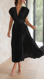 Dames Geplooide Maxi Jurk met V Hals en Tailleband