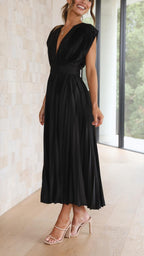 Dames Geplooide Maxi Jurk met V Hals en Tailleband