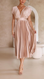 Dames Geplooide Maxi Jurk met V Hals en Tailleband
