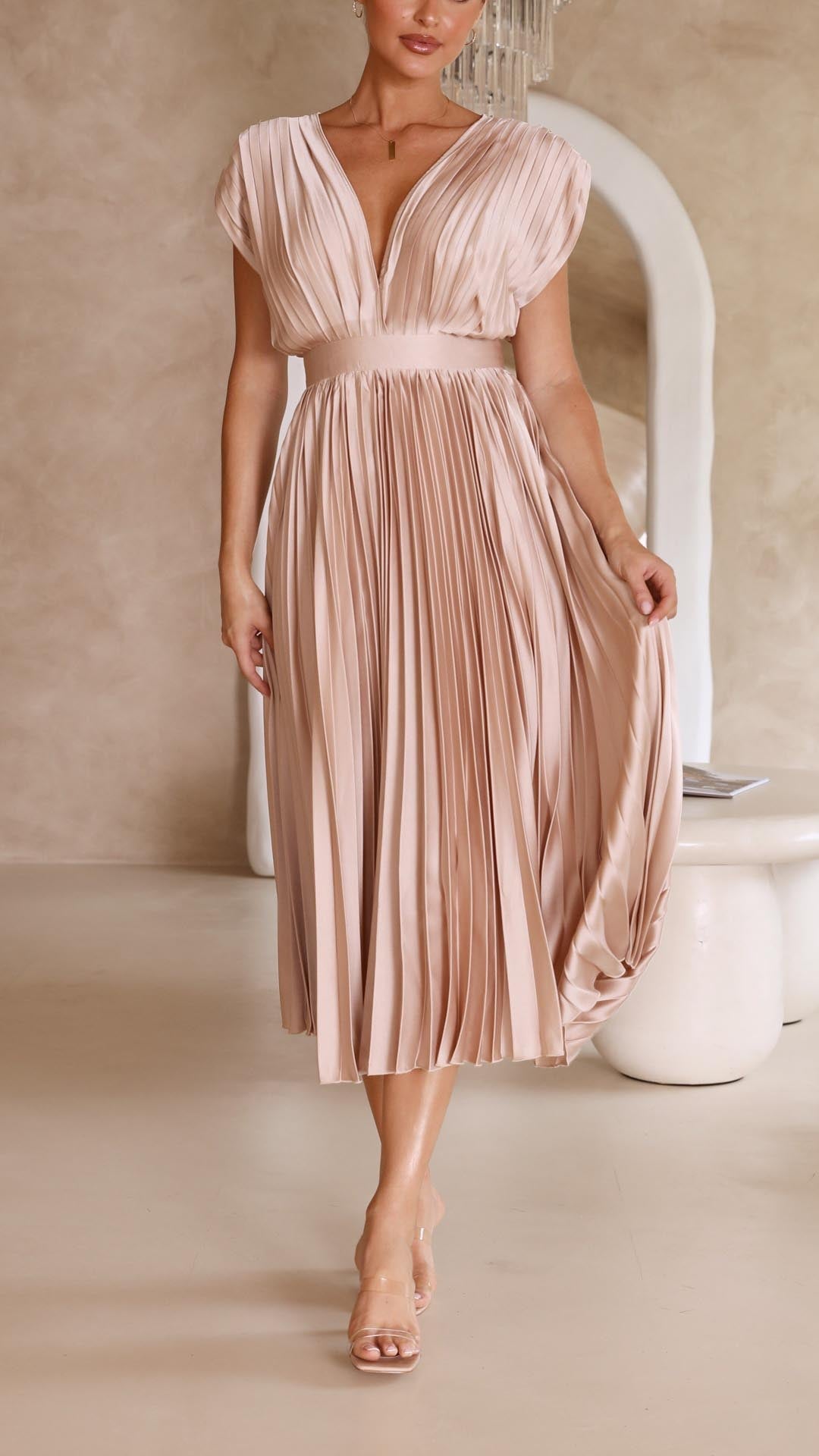 Dames Geplooide Maxi Jurk met V Hals en Tailleband