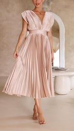 Dames Geplooide Maxi Jurk met V Hals en Tailleband