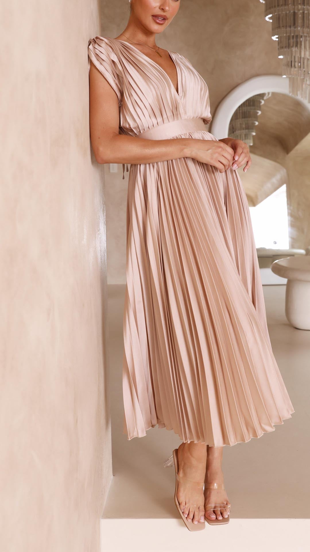 Dames Geplooide Maxi Jurk met V Hals en Tailleband