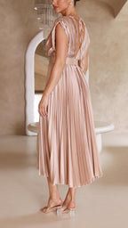 Dames Geplooide Maxi Jurk met V Hals en Tailleband