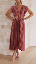 Dames Geplooide Maxi Jurk met V Hals en Tailleband