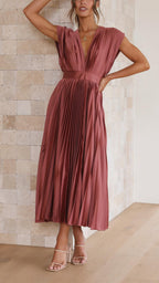 Dames Geplooide Maxi Jurk met V Hals en Tailleband