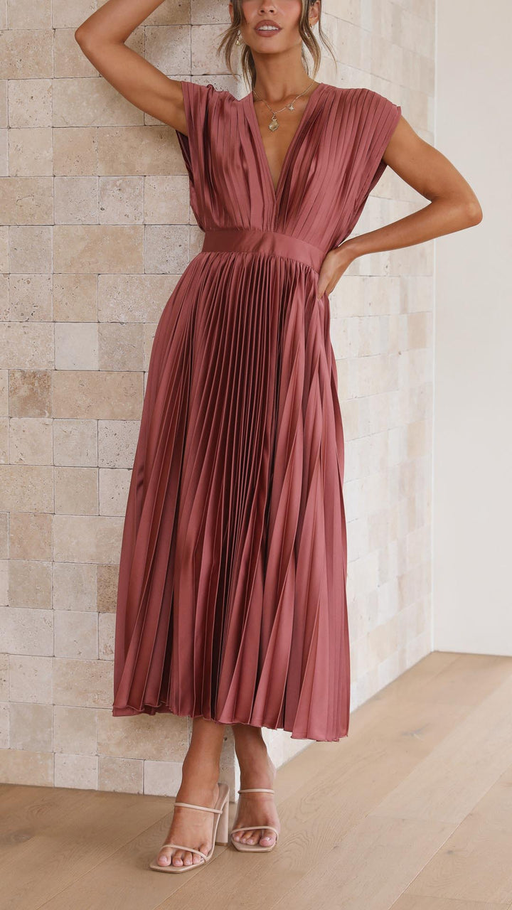 Dames Geplooide Maxi Jurk met V Hals en Tailleband