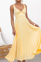 Dames Gele Geplooide Maxi Jurk met Open Rug