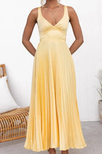 Dames Gele Geplooide Maxi Jurk met Open Rug