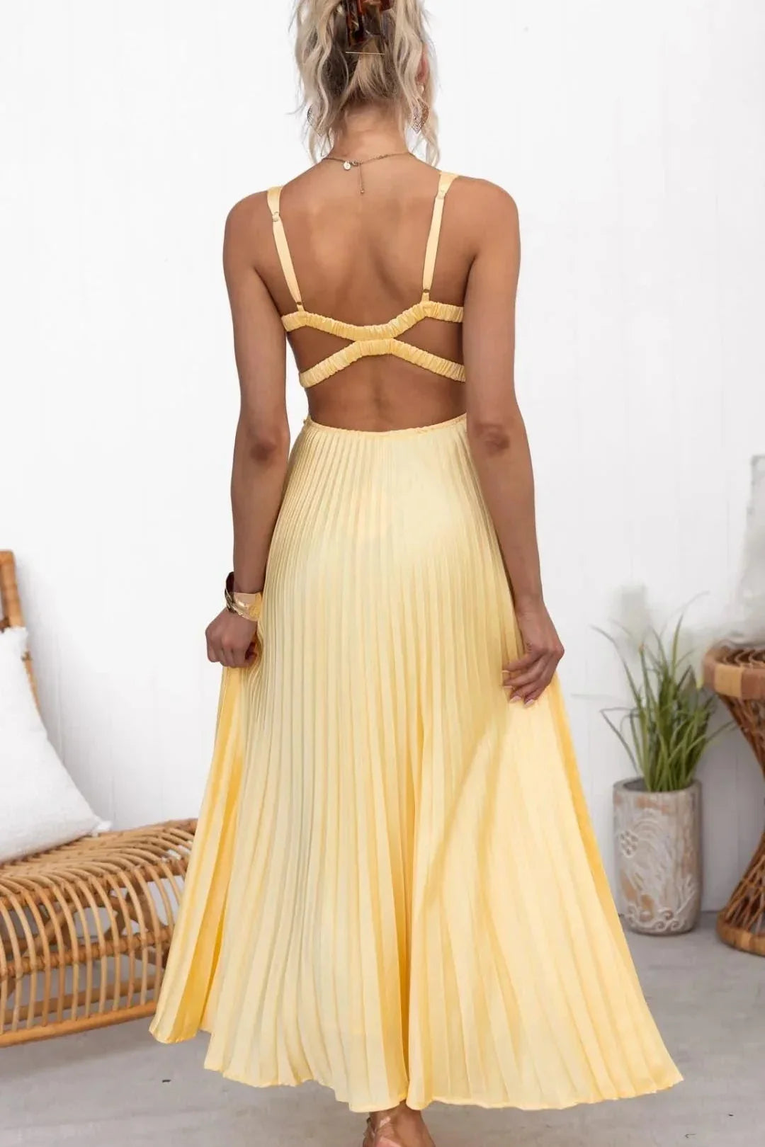 Dames Gele Geplooide Maxi Jurk met Open Rug