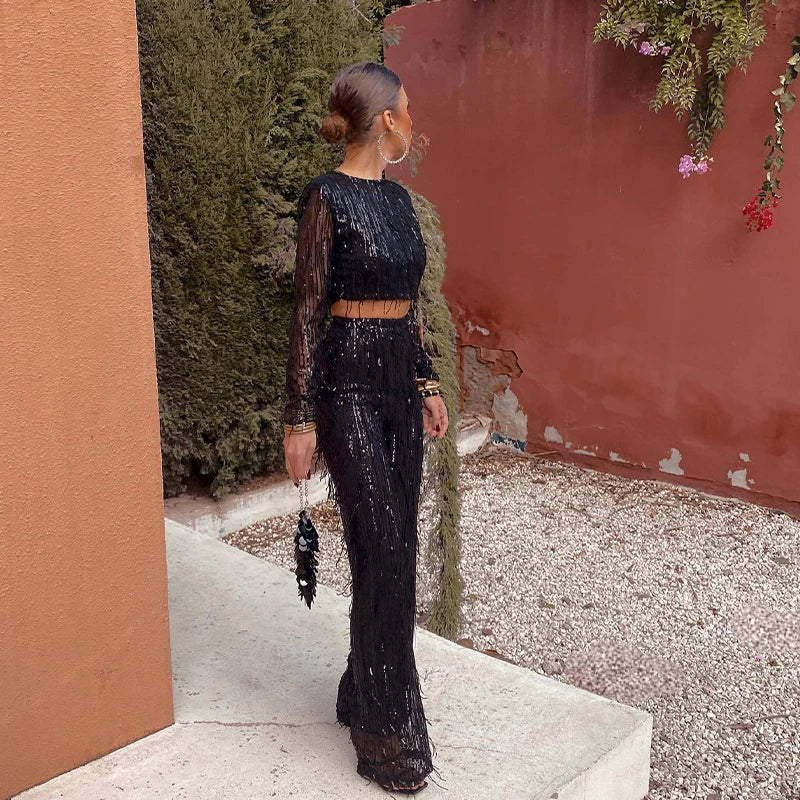 Vilda Set | Vrouwen franje Sequin Top en Broek