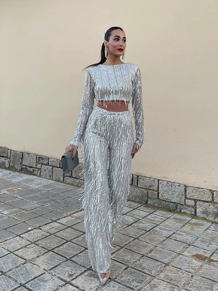 Vilda Set | Vrouwen franje Sequin Top en Broek