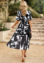 Dames Bloemenprint Midi Jurk Pofmouwen V Hals