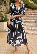 Dames Bloemenprint Midi Jurk Pofmouwen V Hals