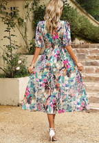 Dames Bloemenprint Midi Jurk Pofmouwen V Hals