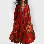 Dames Bohemian Bloemenprint Midi Jurk V Hals