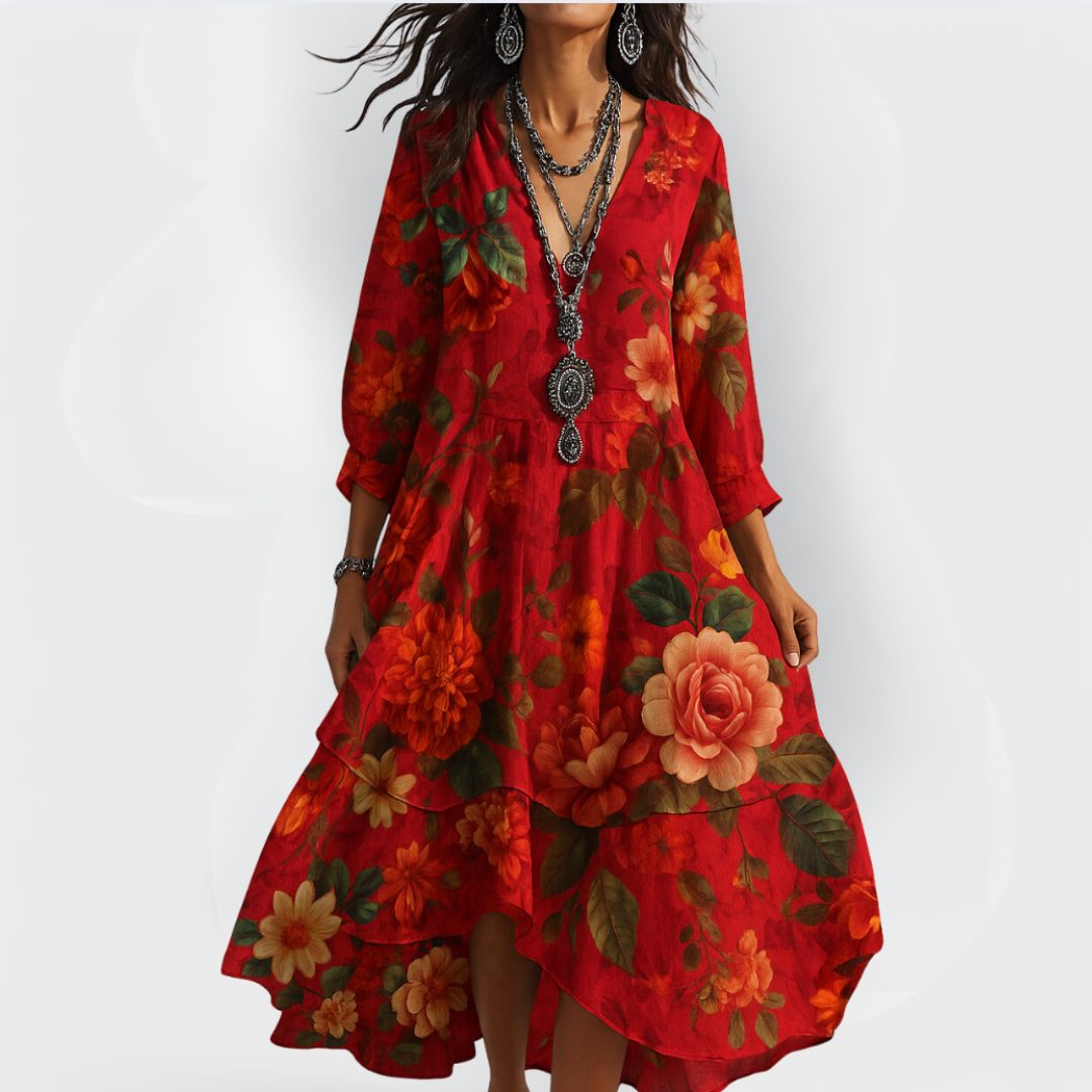 Dames Bohemian Bloemenprint Midi Jurk V Hals