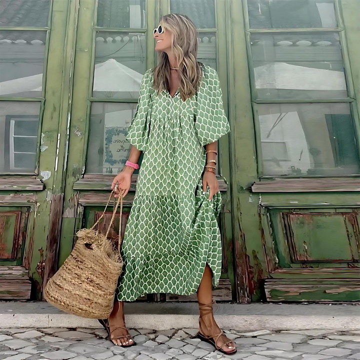 Dames Lente Maxi Jurk Patroon Lange Mouwen