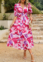 Dames Elegante Bloemenprint Midi Jurk