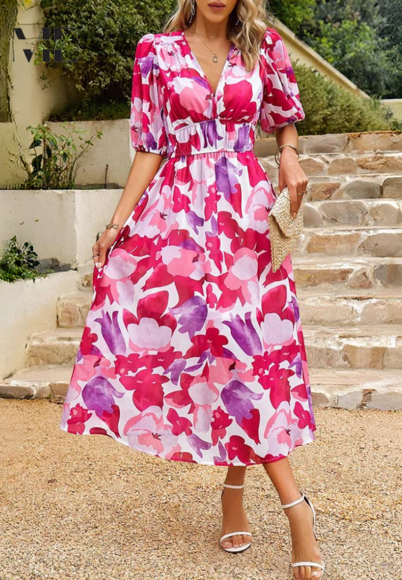 Dames Elegante Bloemenprint Midi Jurk