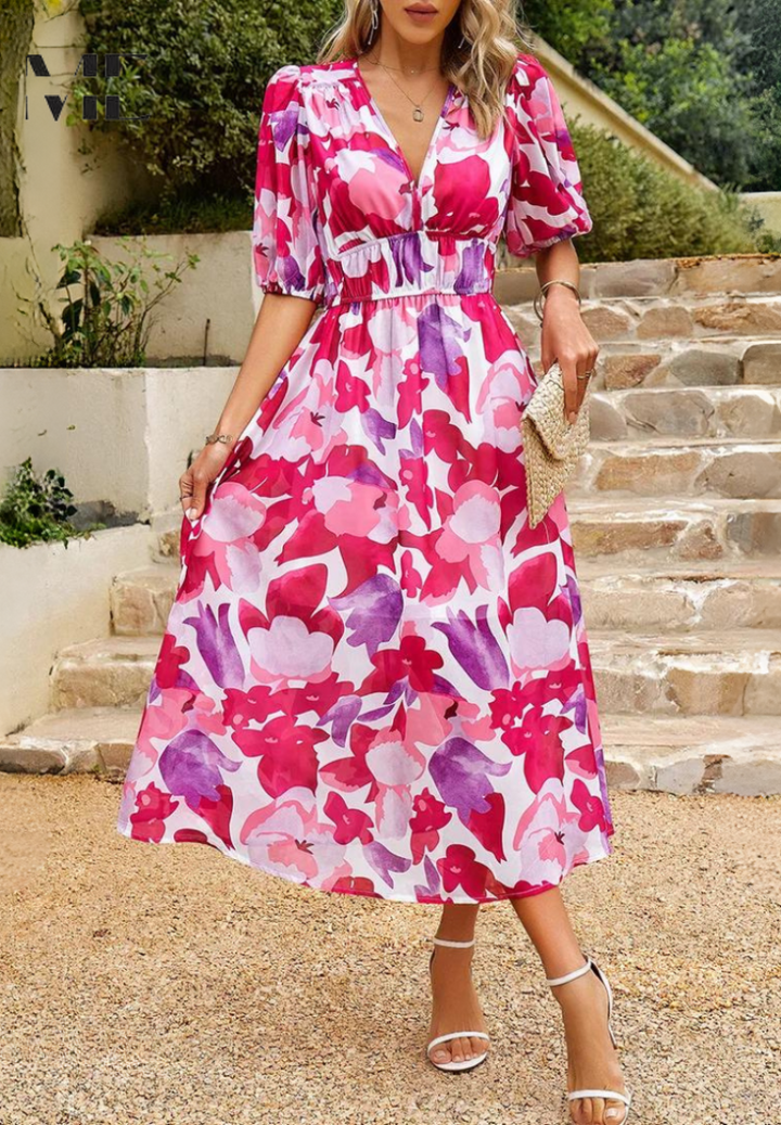 Dames Bloemenprint Midi Jurk Pofmouwen V Hals