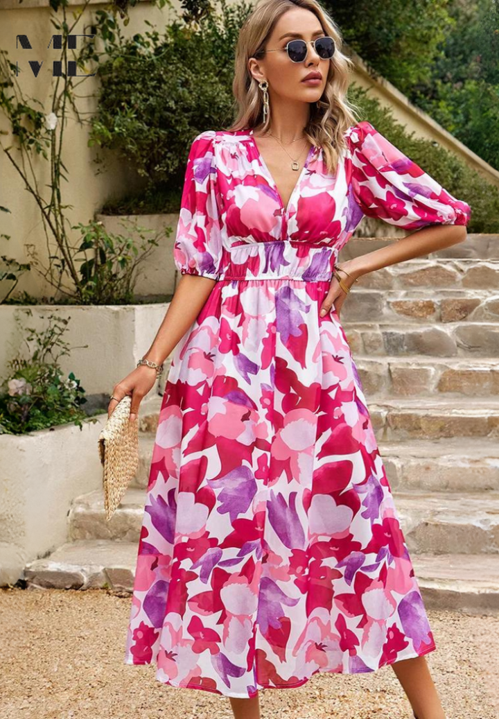 Dames Elegante Bloemenprint Midi Jurk