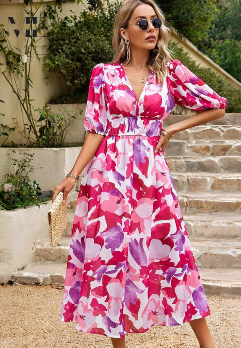 Women's Floral Print Midi Dress Puff Sleeves V Neck