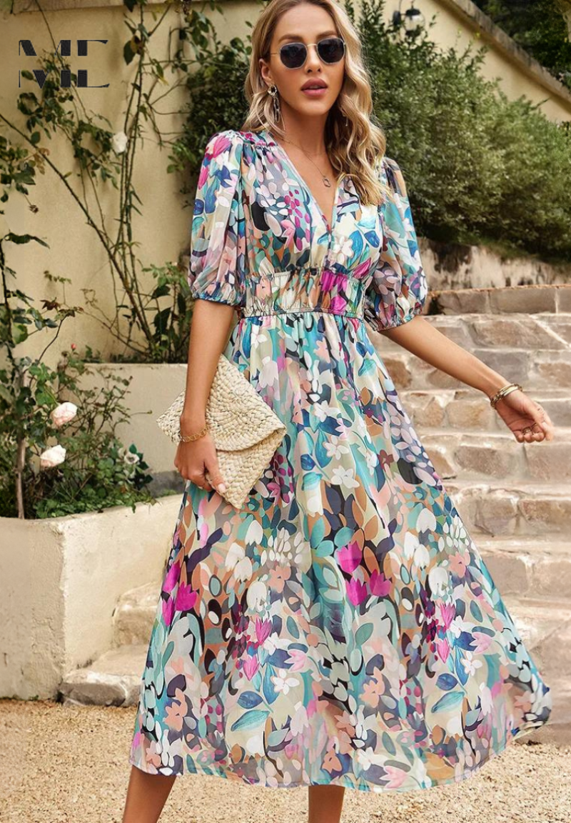 Women's Floral Print Midi Dress Puff Sleeves V Neck