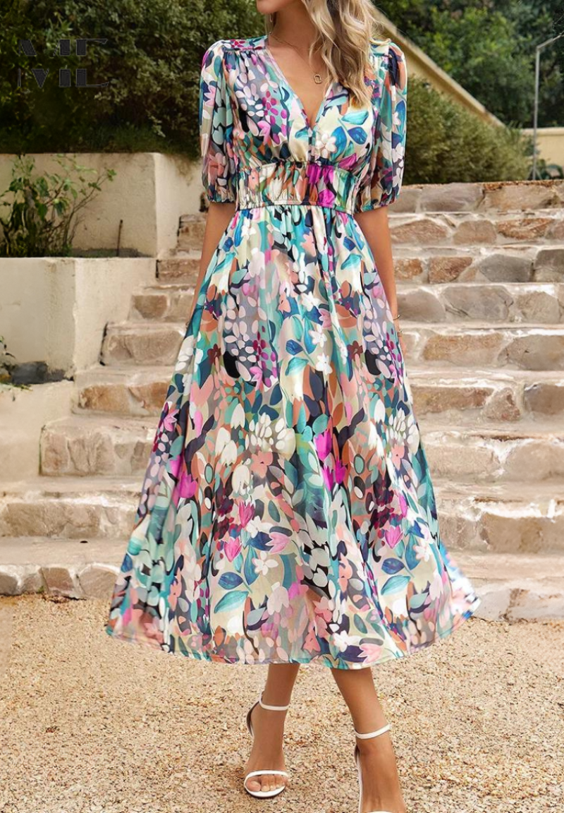 Women's Floral Print Midi Dress Puff Sleeves V Neck