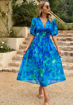 Dames Bloemenprint Midi Jurk Pofmouwen V Hals