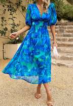 Dames Bloemenprint Midi Jurk Pofmouwen V Hals