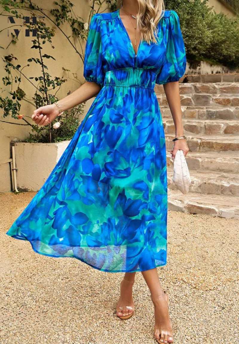 Dames Bloemenprint Midi Jurk Pofmouwen V Hals