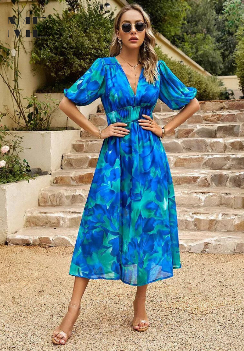 Women's Floral Print Midi Dress Puff Sleeves V Neck