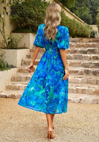 Dames Bloemenprint Midi Jurk Pofmouwen V Hals