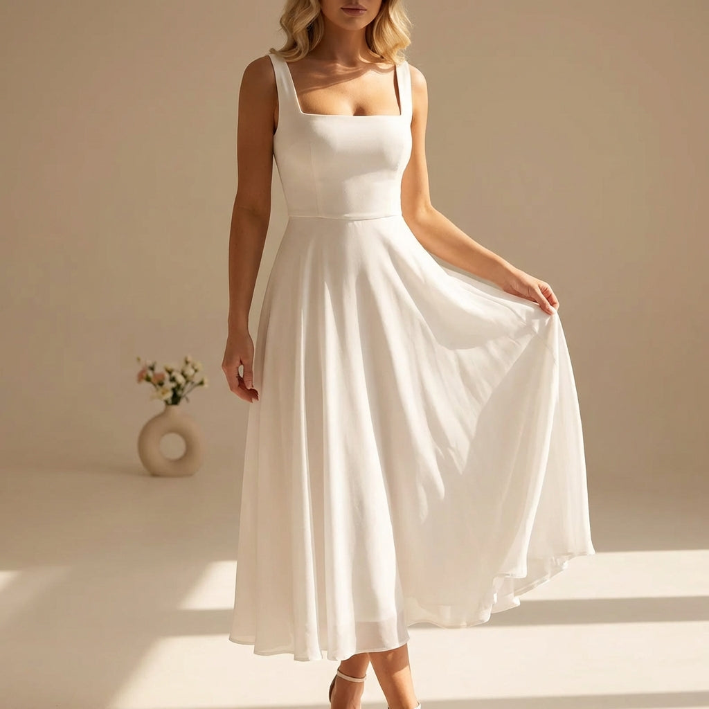 Dames Vierkante Hals Midi Jurk Chiffon
