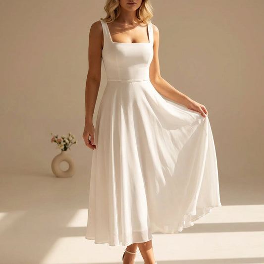 Dames Vierkante Hals Midi Jurk Chiffon