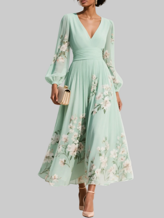 Dames Bloemenprint Midi Jurk Geplooid