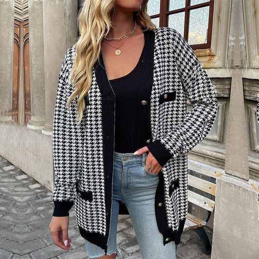 Usra Vest | Dames Herfst Halflang Houndstooth Vest met Knopen