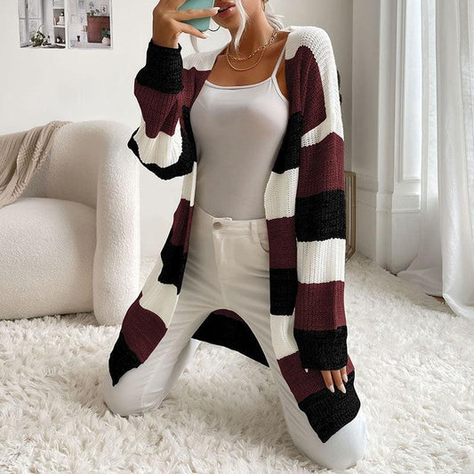 Unity Vest | Dames Herfst Open Vest met Brede Strepen en Lang Model