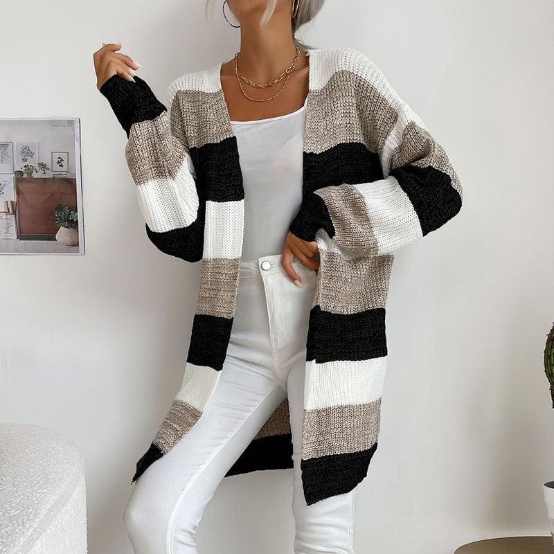 Unity Vest | Dames Herfst Open Vest met Brede Strepen en Lang Model