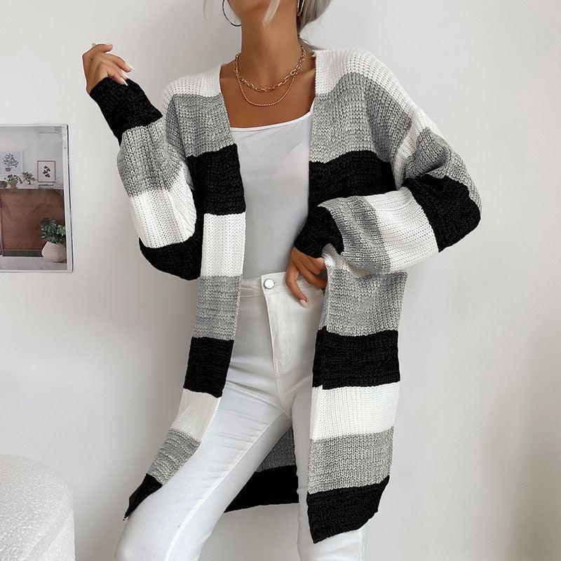 Unity Vest | Dames Herfst Open Vest met Brede Strepen en Lang Model