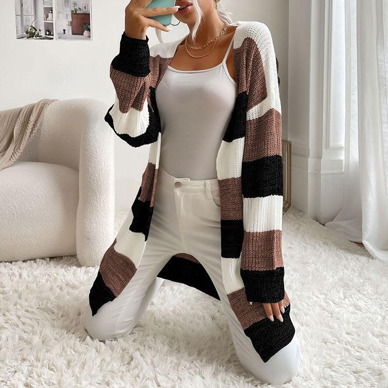 Unity Vest | Dames Herfst Open Vest met Brede Strepen en Lang Model