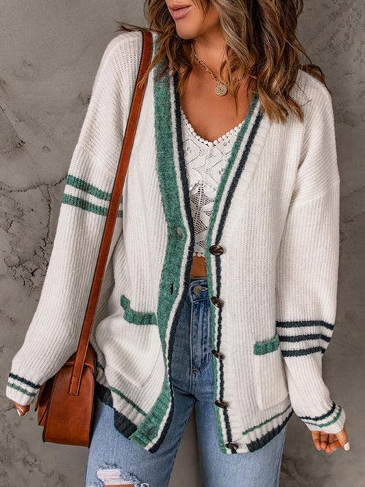 Usma Vest | Dames Herfst Gebreid Vest met Gestreepte Randen en Pockets
