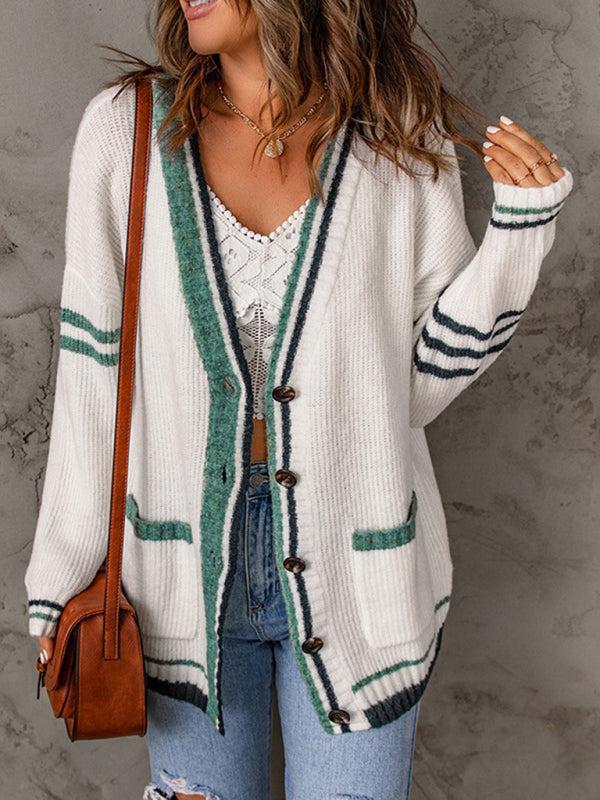 Usma Vest | Dames Herfst Gebreid Vest met Gestreepte Randen en Pockets