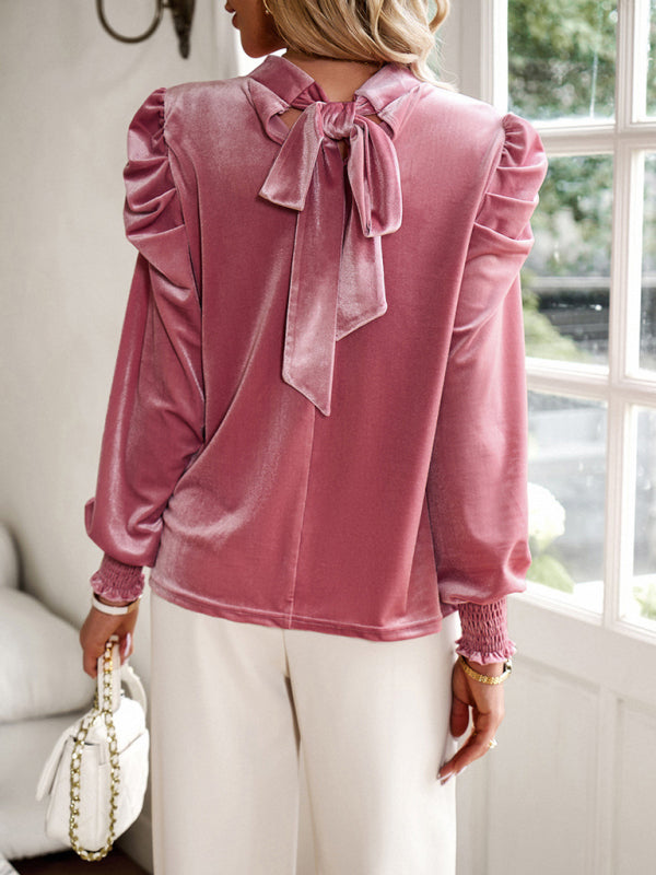 Uriana Top | Dames Herfst Fluwelen Coltrui met Strik en Pofmouwen