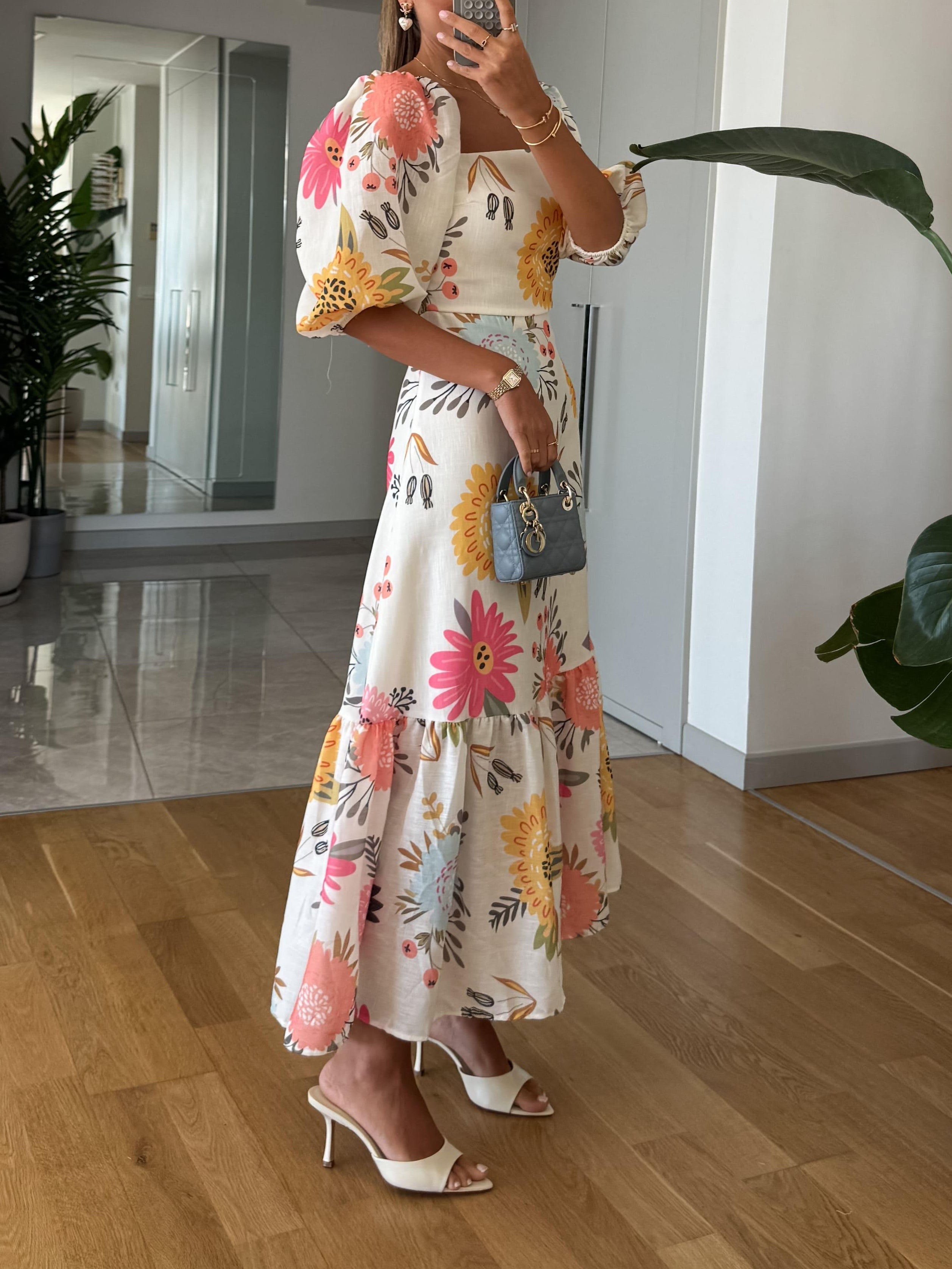 Dames Vierkante Hals Bloemenprint Midi Jurk