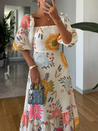 Dames Vierkante Hals Bloemenprint Midi Jurk