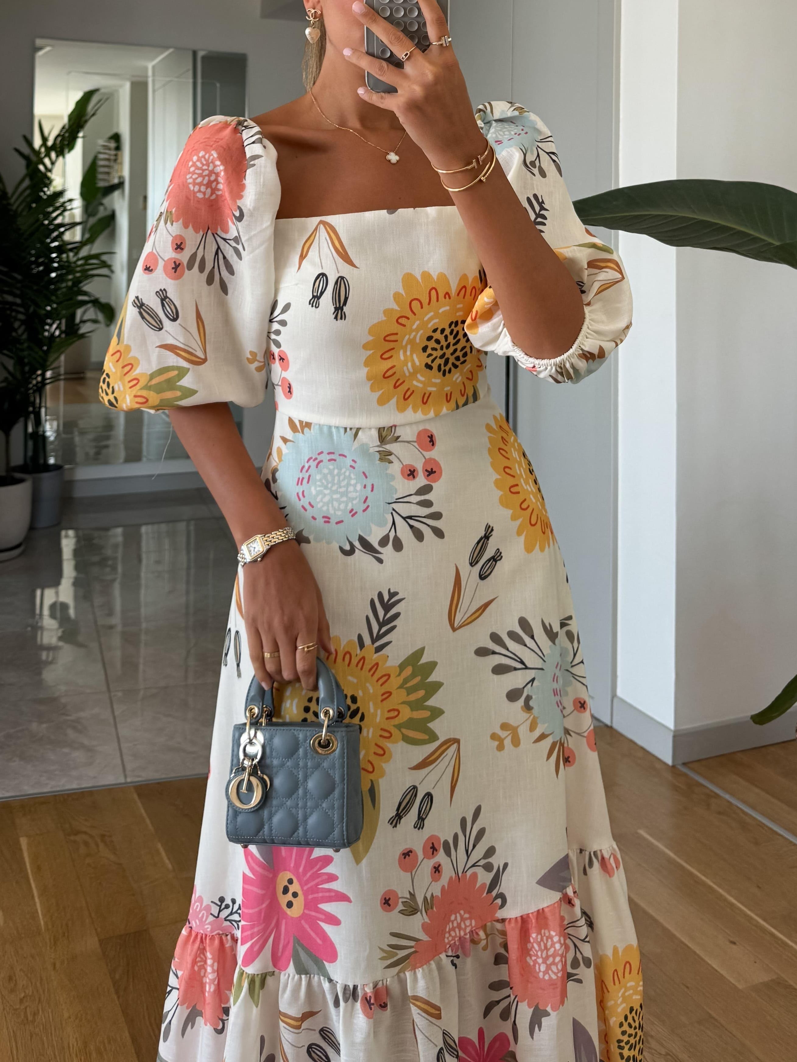 Dames Vierkante Hals Bloemenprint Midi Jurk