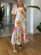 Dames Vierkante Hals Bloemenprint Midi Jurk